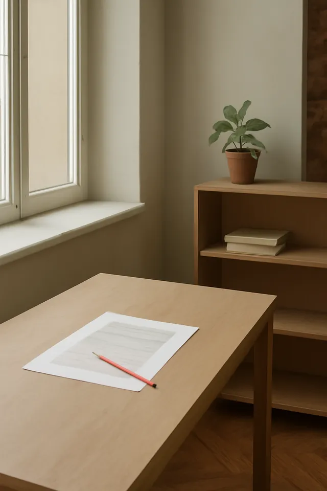 An empty, considered studio desk beside a tall window in a light-filled loft, with a marked-up proof page and a red pencil on the desk — no people shown.