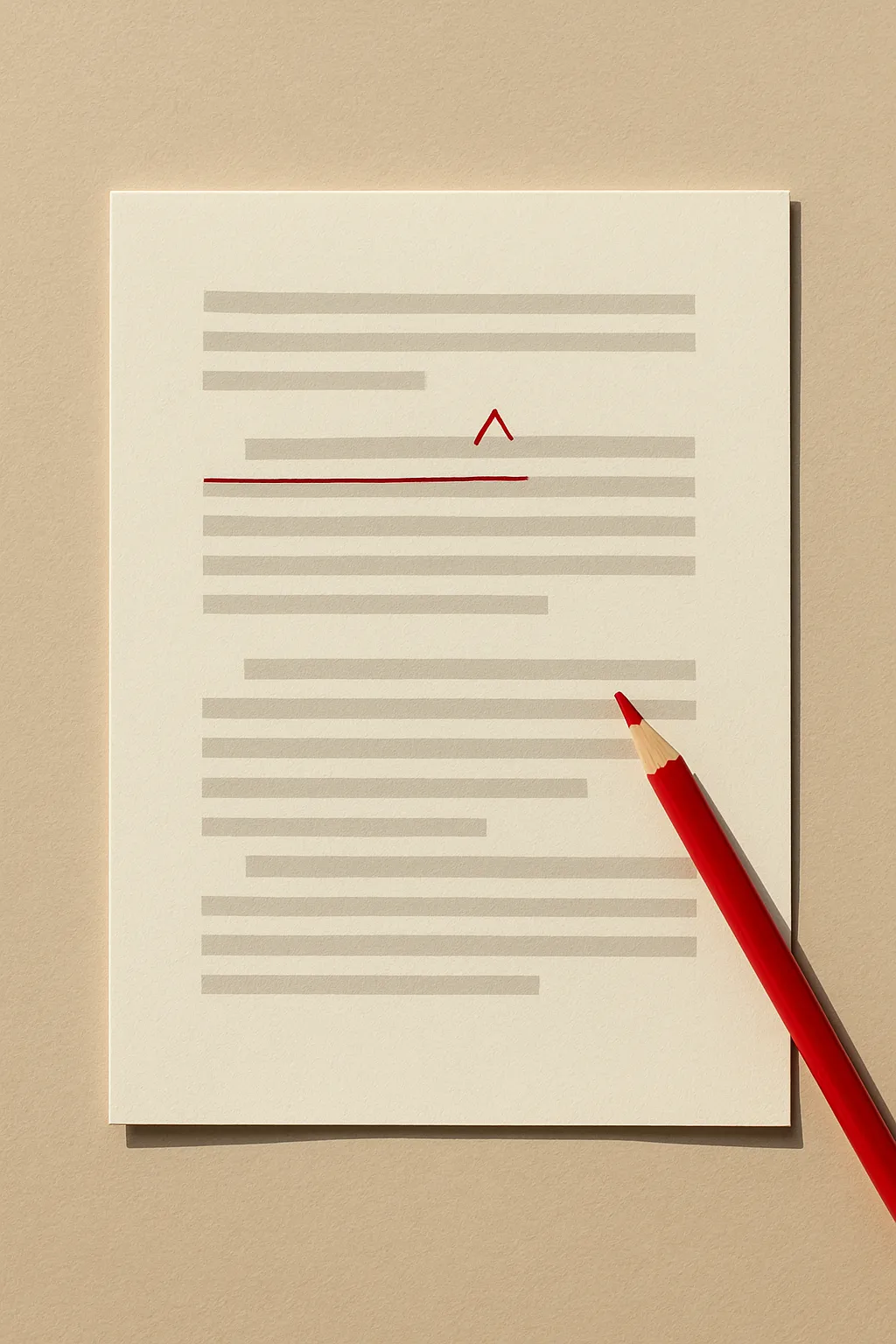Overhead photo of a printed proof page on a warm paper desk, marked with a red-pencil strikethrough and insertion caret, a red pencil resting beside it.