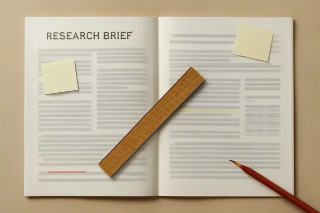An open research brief spread across two pages, marked with sticky notes, a ruler, a highlighter and a red-pencil underline.