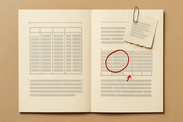 Overhead photo of an open stapled report with a data table and one figure circled prominently in red pencil, a smaller note card clipped to the corner.
