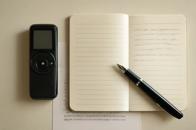 A handheld voice recorder beside an open notebook and a pen, with a proof sheet underlined in red pencil, representing the studio's coaching and launch case work.