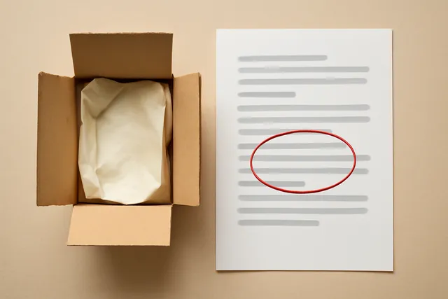 A plain unbranded shipping box with tissue paper beside a printed proof sheet circled in red pencil, representing the studio's DTC e-commerce case work.