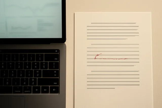 A laptop's glowing screen beside a printed proof sheet marked in red pencil, representing the studio's B2B SaaS case work.