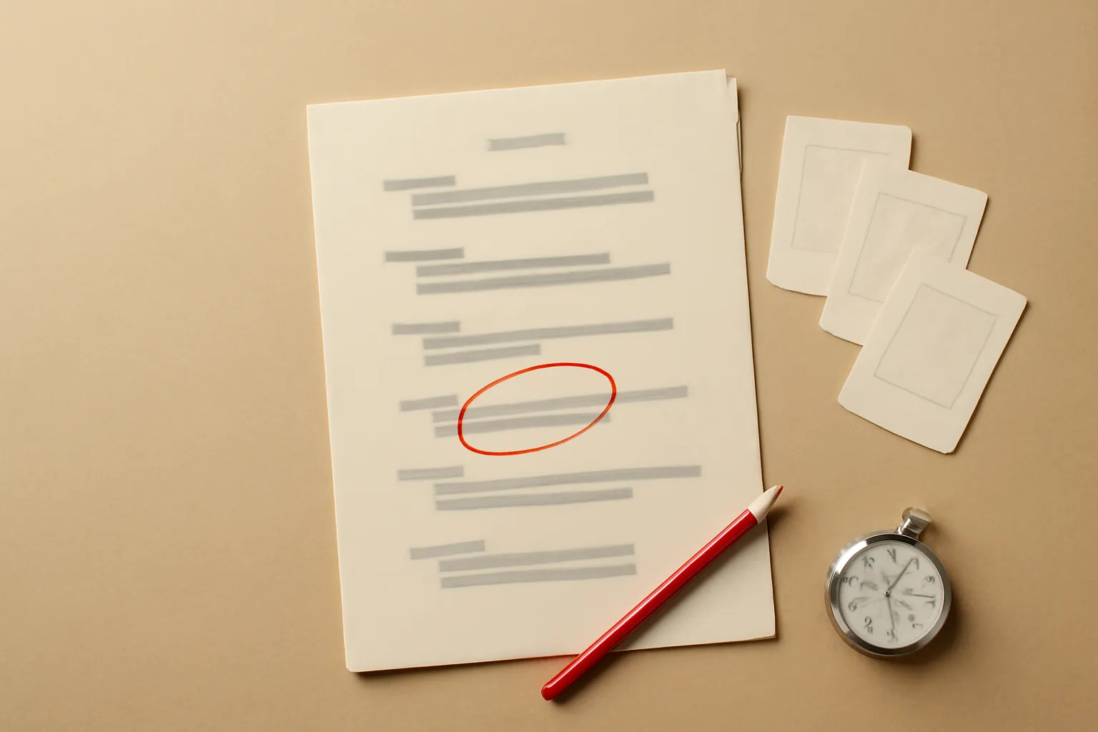 A dog-eared printed script page beside small blank storyboard cards and a stopwatch, one script line circled in red pencil.