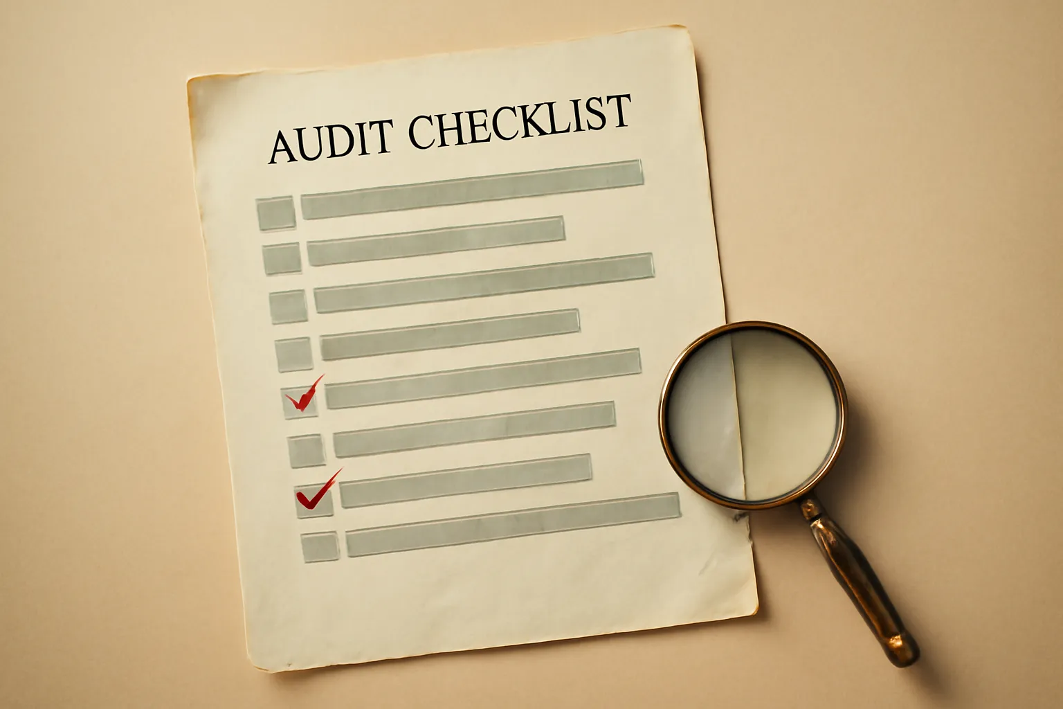 A well-used printed audit checklist with three rows ticked in red pencil at different points, a magnifying glass resting beside it.