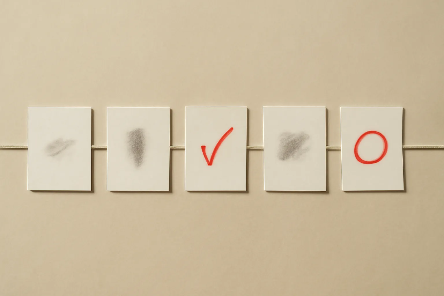 Five index cards laid out in a connected row on a paper desk, two of them marked with a red-pencil circle, standing in for a mapped email sequence.