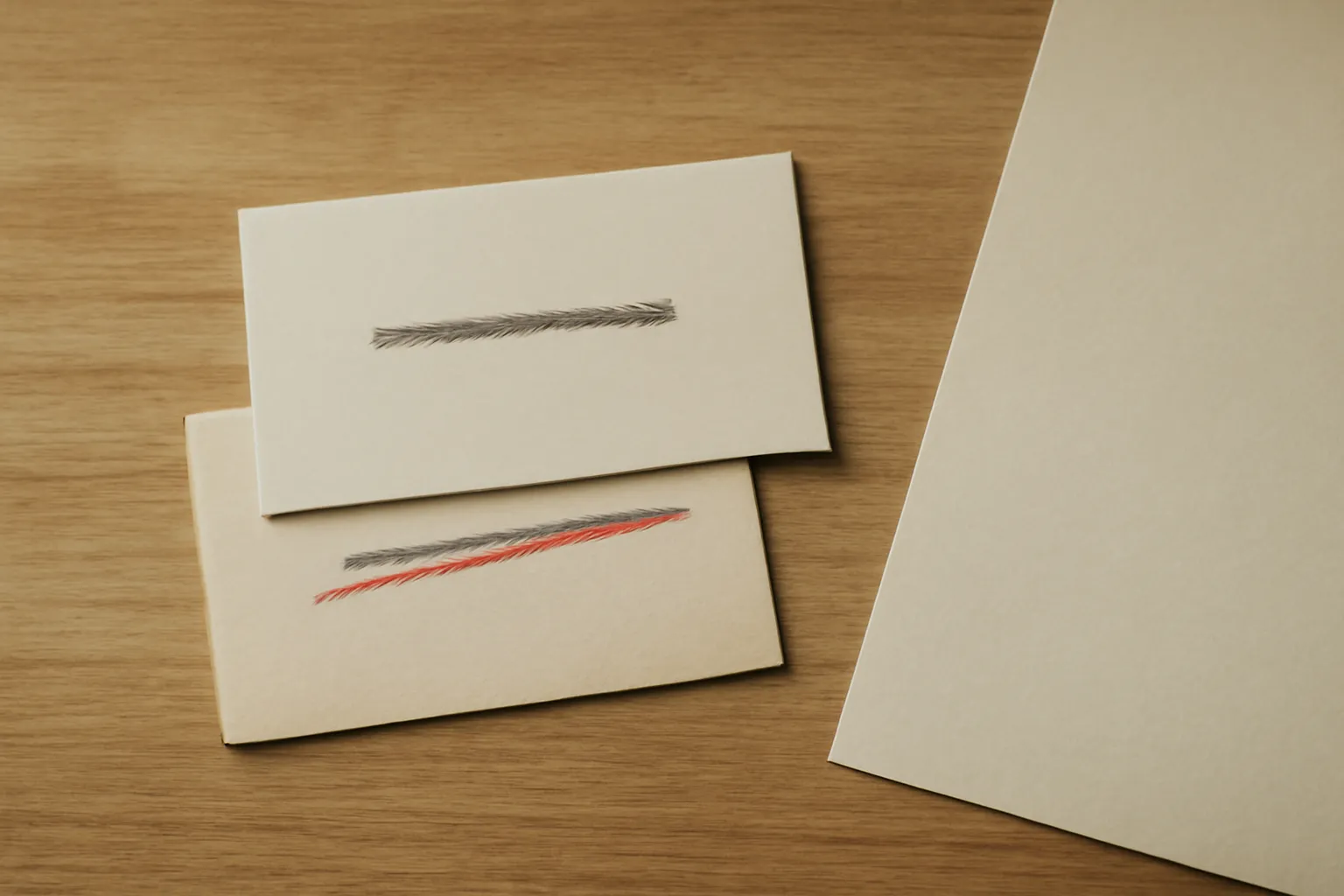 Two stacked index cards on a wooden desk: the back card's line struck through in red pencil, the front card left clean, showing a positioning statement rewritten.
