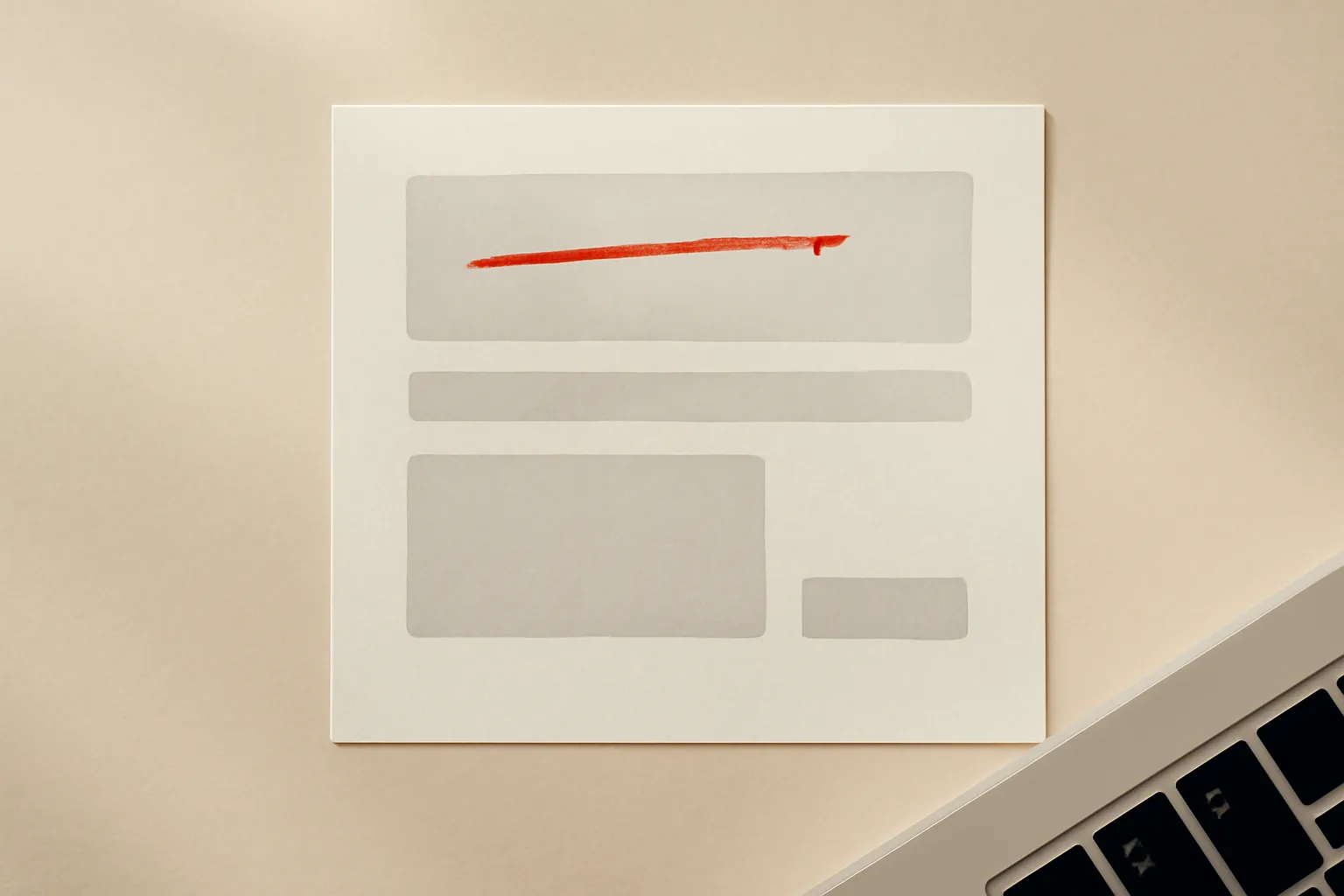Overhead photo of a printed landing-page proof sheet with its headline block struck through in red pencil and a replacement inserted beside it.