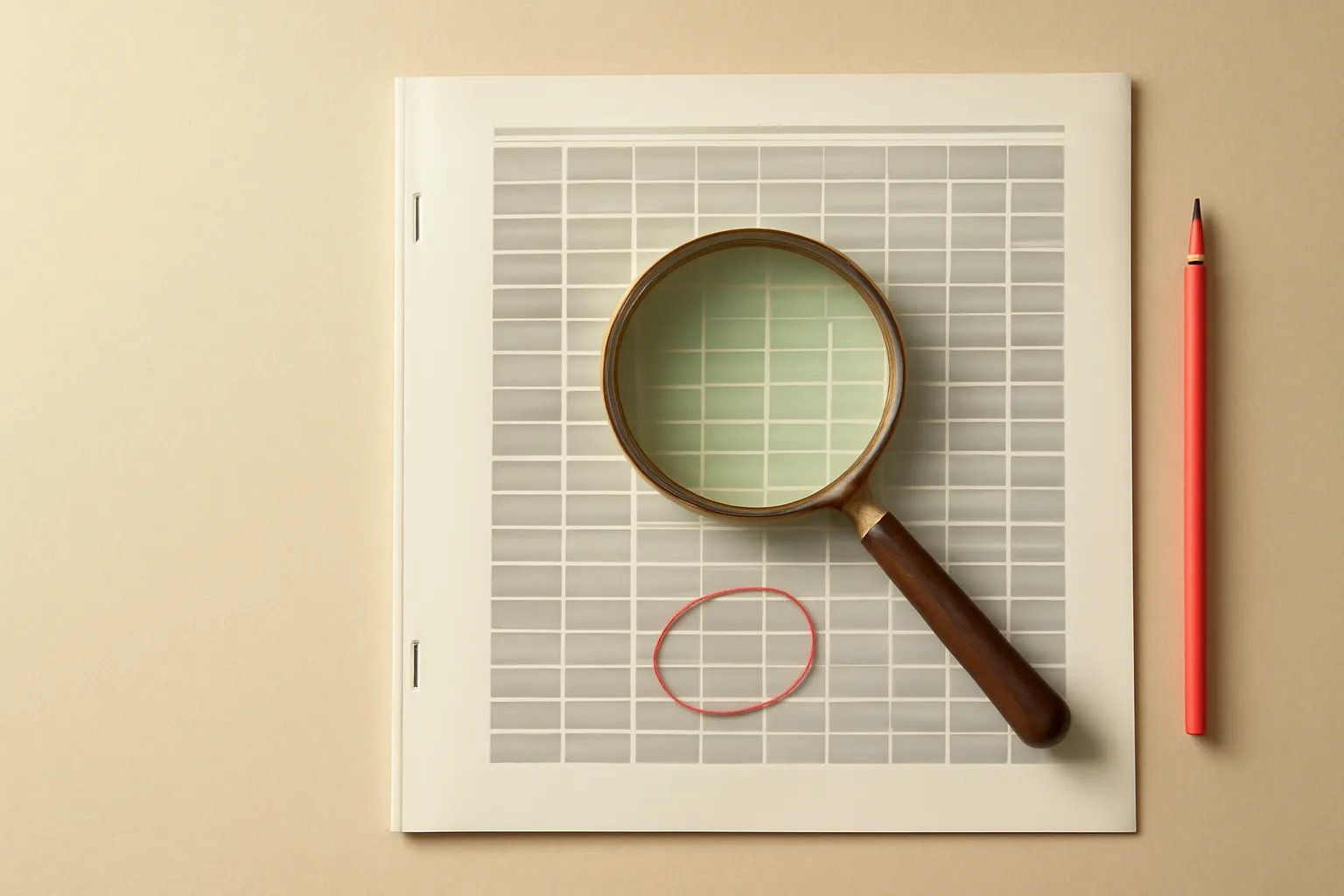 Overhead photo of an open research report with rows of data, a magnifying glass and a red-pencil circle marking one row, on a paper desk.